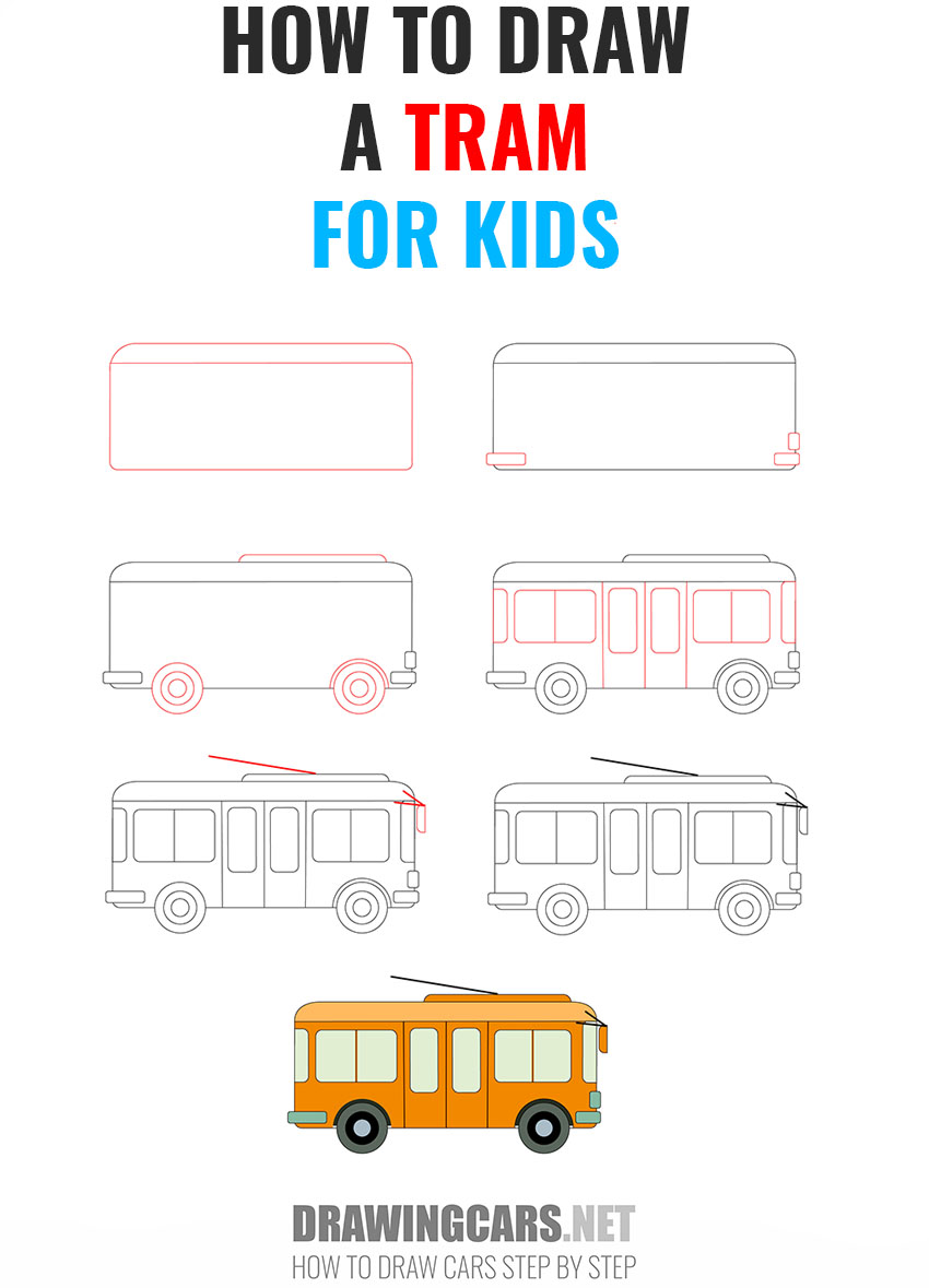 How to Draw a Tram for Kids step by step