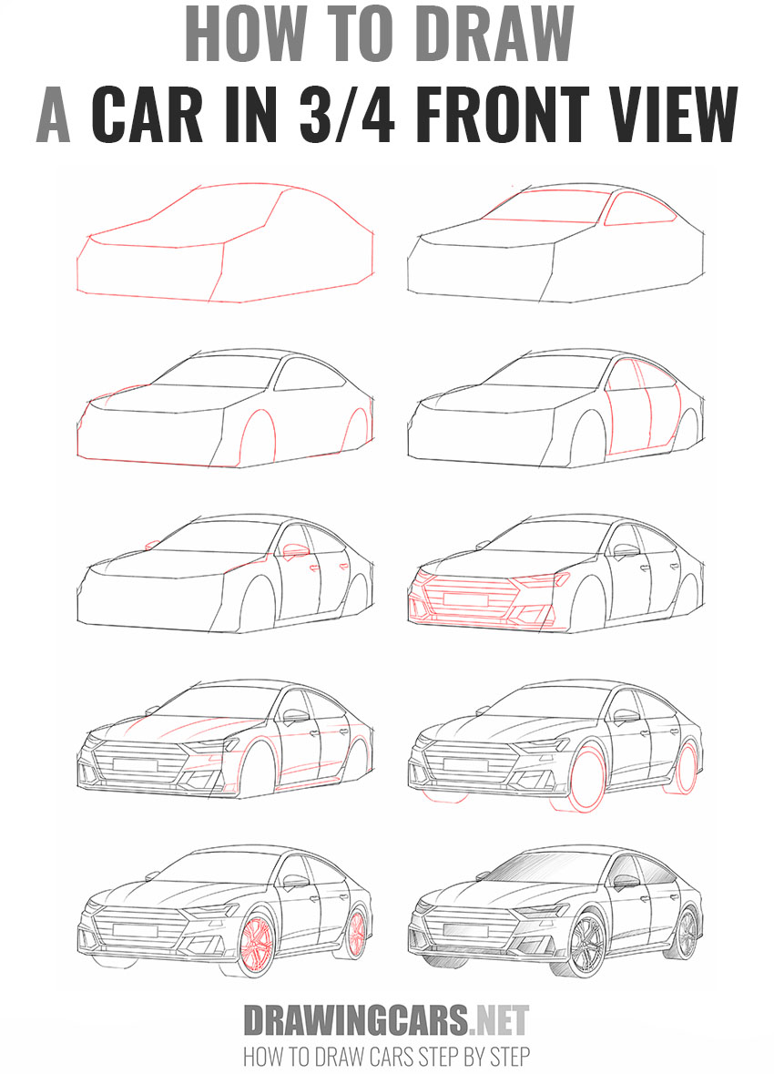how to draw a car in 34 front view step by step
