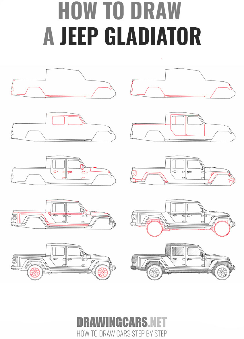 how to draw a jeep gladiator step by step