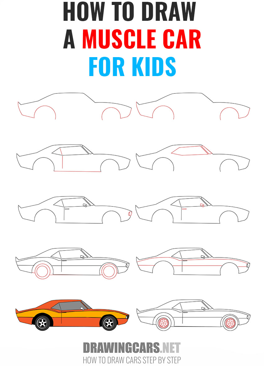 how to draw a muscle car for kids step by step
