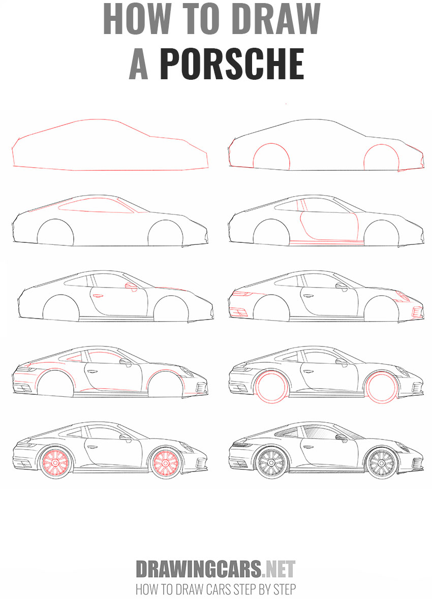 how to draw a porsche step by step