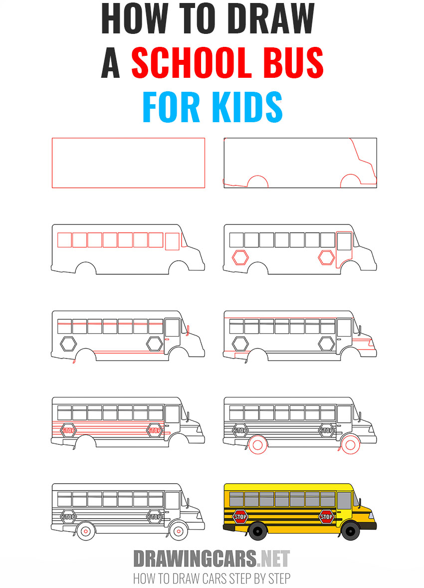 how to draw a school bus for kids step by step