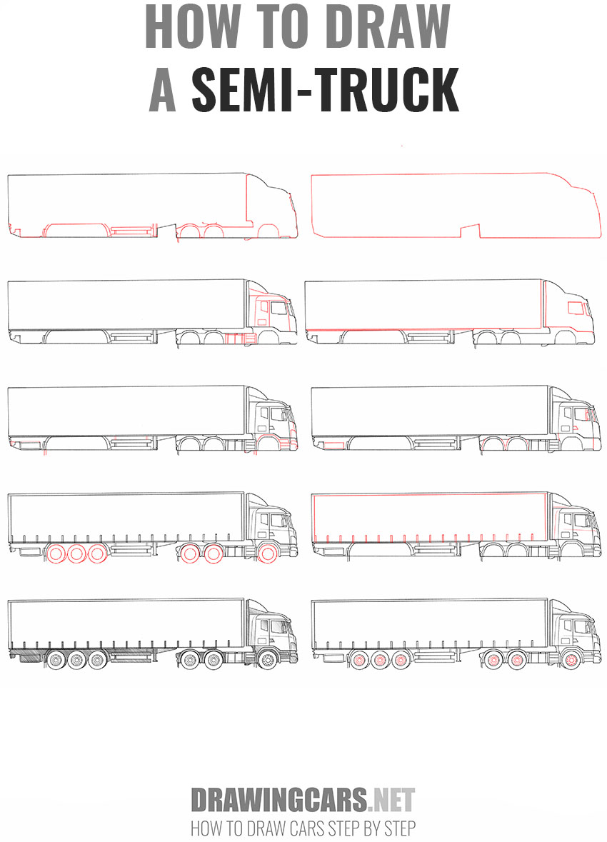 how to draw a semi-truck step by step