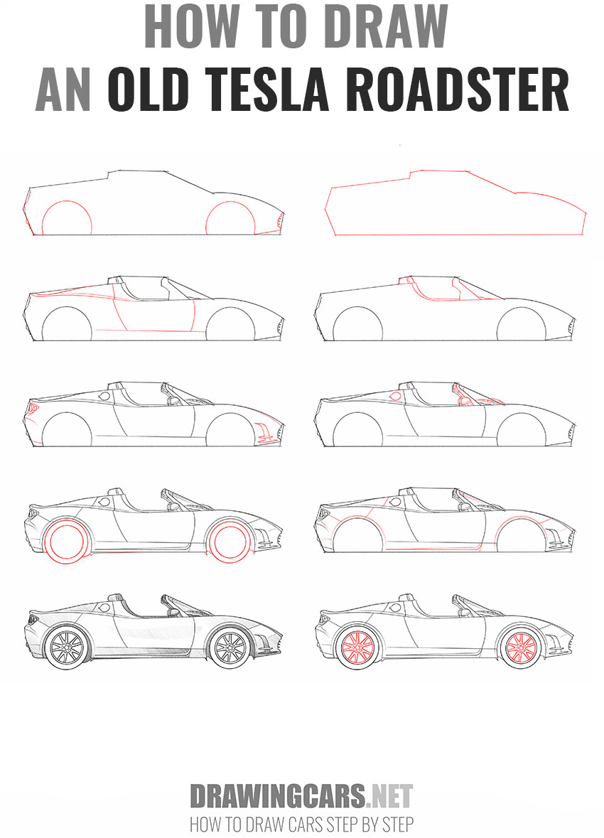 how to draw an old tesla roadster step by step